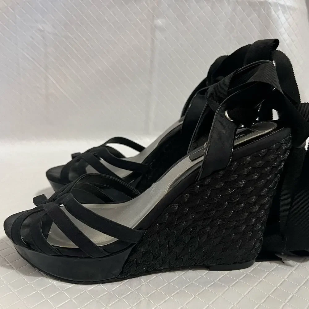 White House Black Market Jenica Lace Up Espadrille Wedge Sandals Black Size 8